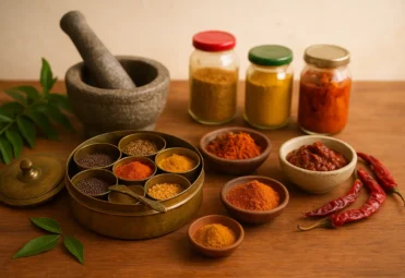 Authentic Indian spices in bowls, Jars & Spice box
