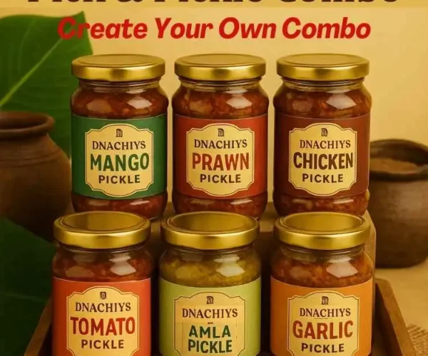 Pick & Pickle Combo with stack of pickle jars containing DNachiys Mango, Prawn, Chicken, Tomato, Amla & Garlic pickles