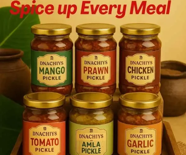 Signature Pickle Combo with stack of pickle jars containing DNachiys Mango, Prawn, Chicken, Tomato, Amla & Garlic pickles